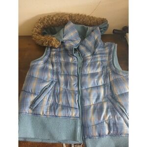 Route 66 Womens Plaid Puffer Vest Faux Fur Hood Blue Orange Size L G